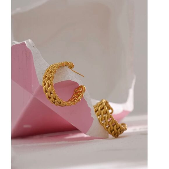 New 18k Gold Chunky Wide Hoop Earrings - Picture 4 of 5